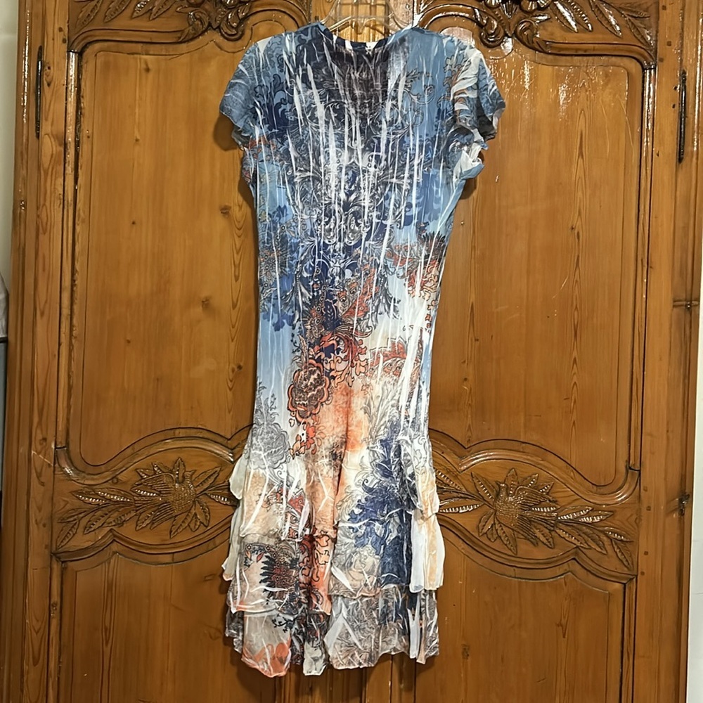 Reba Lightweight and Flowy Embelidhed Cap Skeeve Tiered Hem Midi Dress.  1X - Picture 3 of 8
